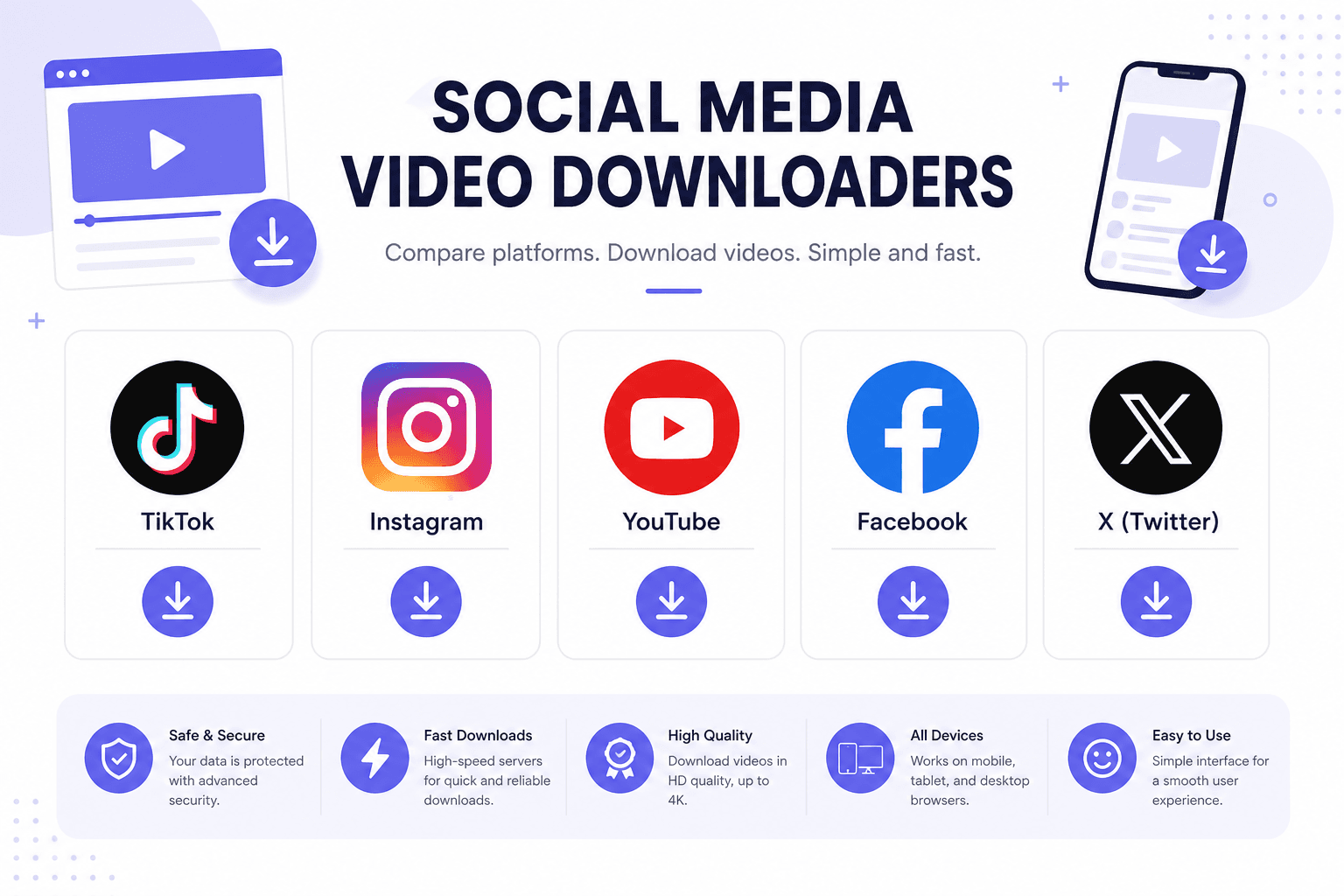 Grid comparing social media platform logos with download icons for TikTok, Instagram, and YouTube