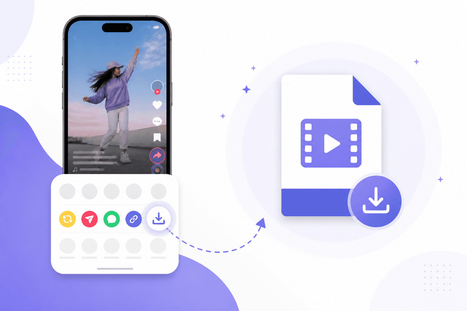 Phone screen showing a TikTok share menu next to a clean MP4 file saved without watermark