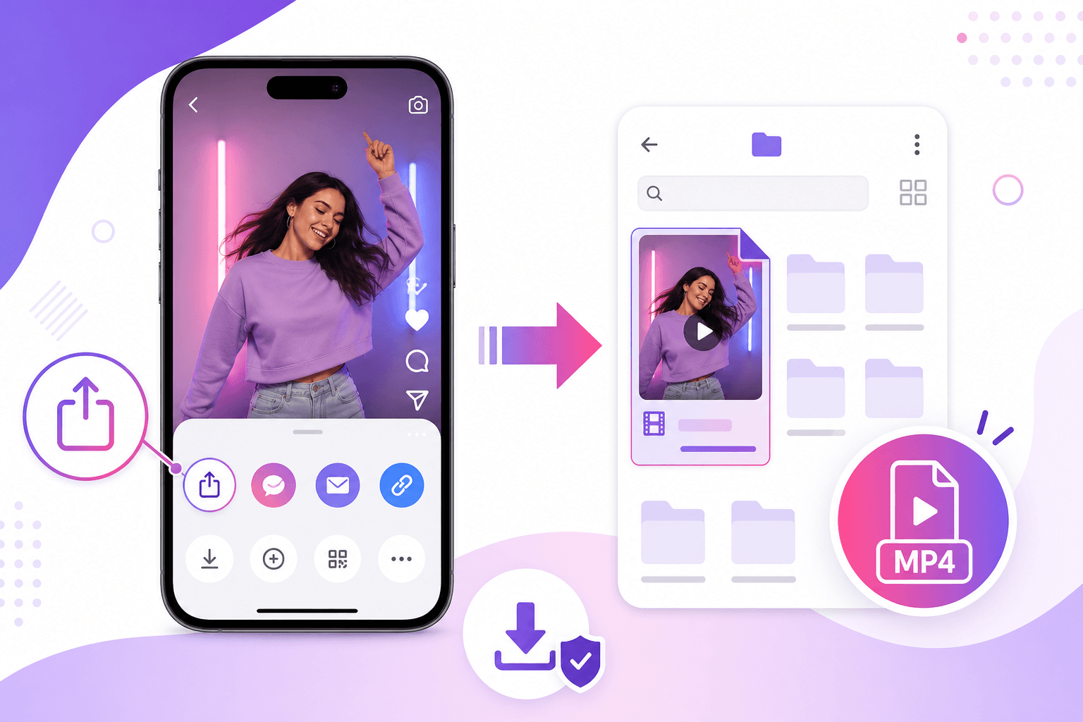 Illustration showing Instagram Reel share menu and saved MP4 file on a phone