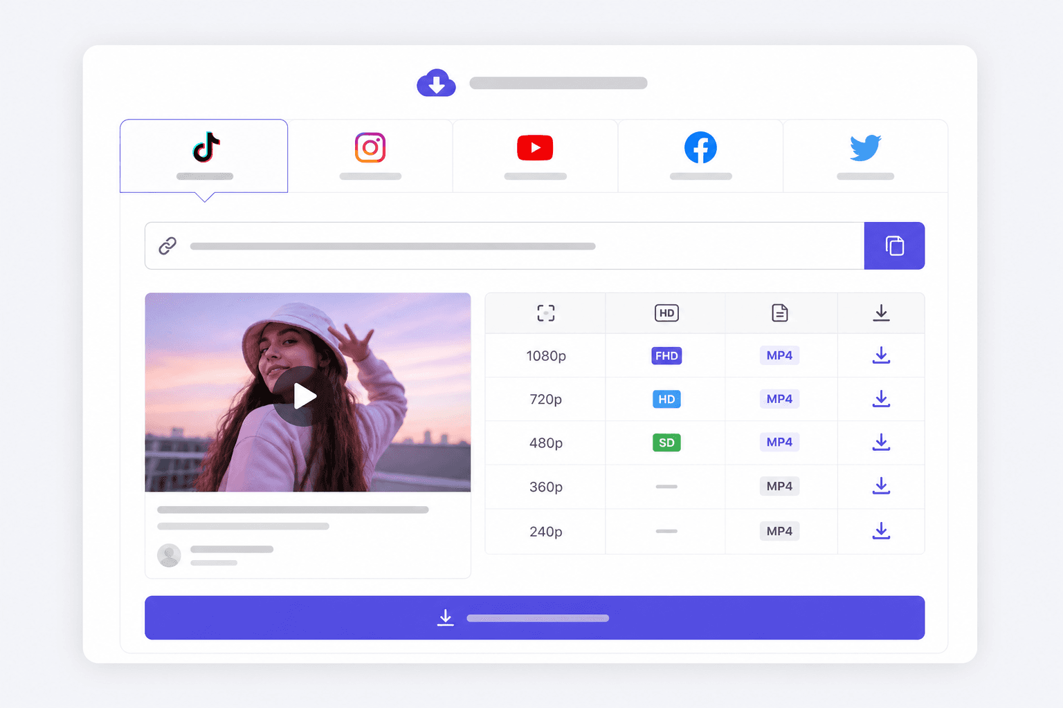 Screenshot showing platform tabs, URL input, and quality selection table in the social media downloader