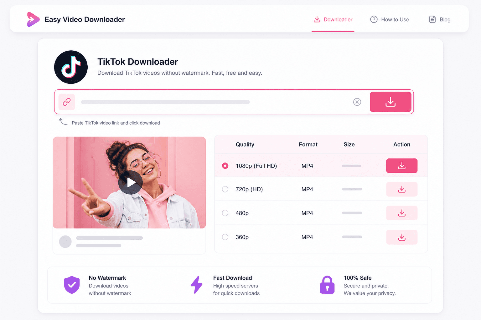 Step-by-step screenshot showing TikTok URL pasted into the downloader with quality options and download button