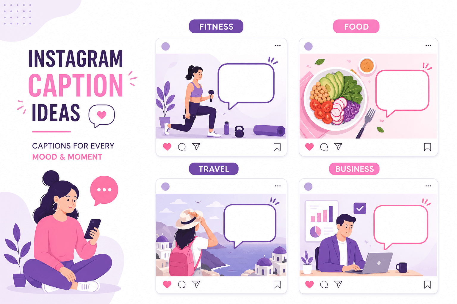 Collection of Instagram caption examples organized by niche categories including fitness, food, and travel